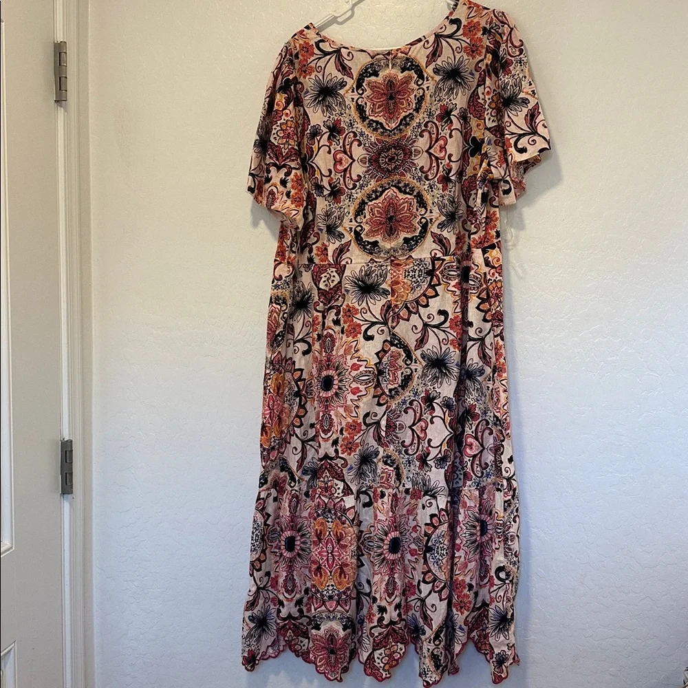 Lane Bryant Multicolor Floral Midi Dress Scallop-Hem‎ linen viscose short sleeve